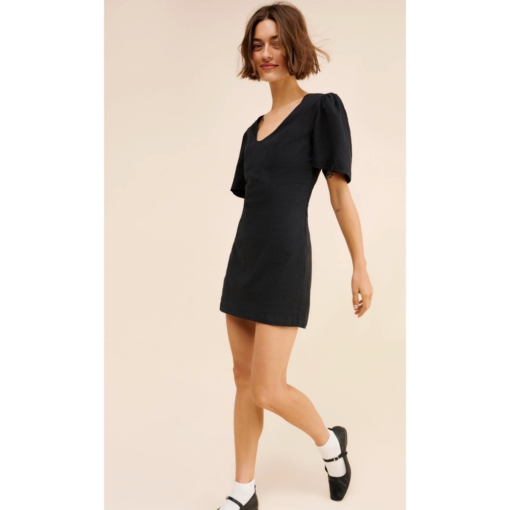 Maeve Anthropologie Black Linen Blend Puff Sleeve Back-Cutout Mini Dress XS NWT
